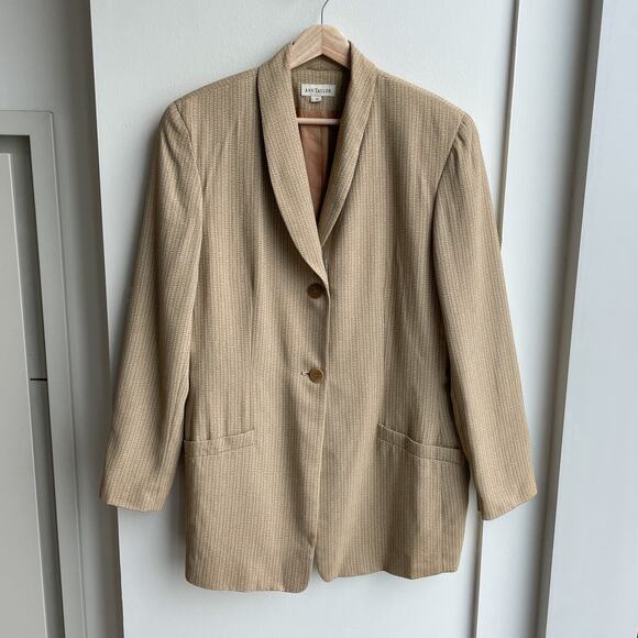 80s Vintage Ann Taylor Blazer Jacket Womens 10 Tan Cream Wool Blend 2 Button - Picture 6 of 11